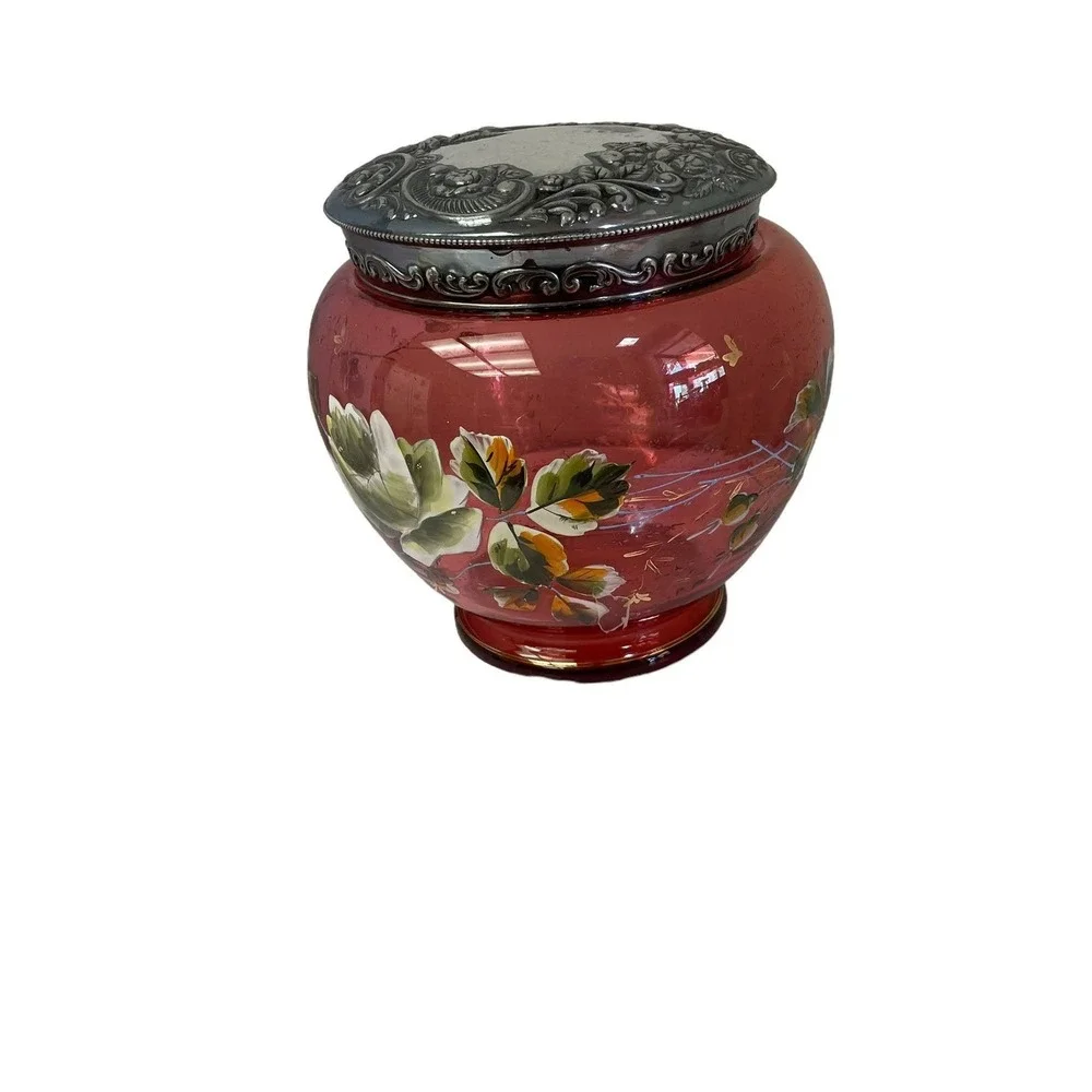 Antique Cranberry Glass Biscuit Jar Hand Painted Floral Victorian Silver Lid Red